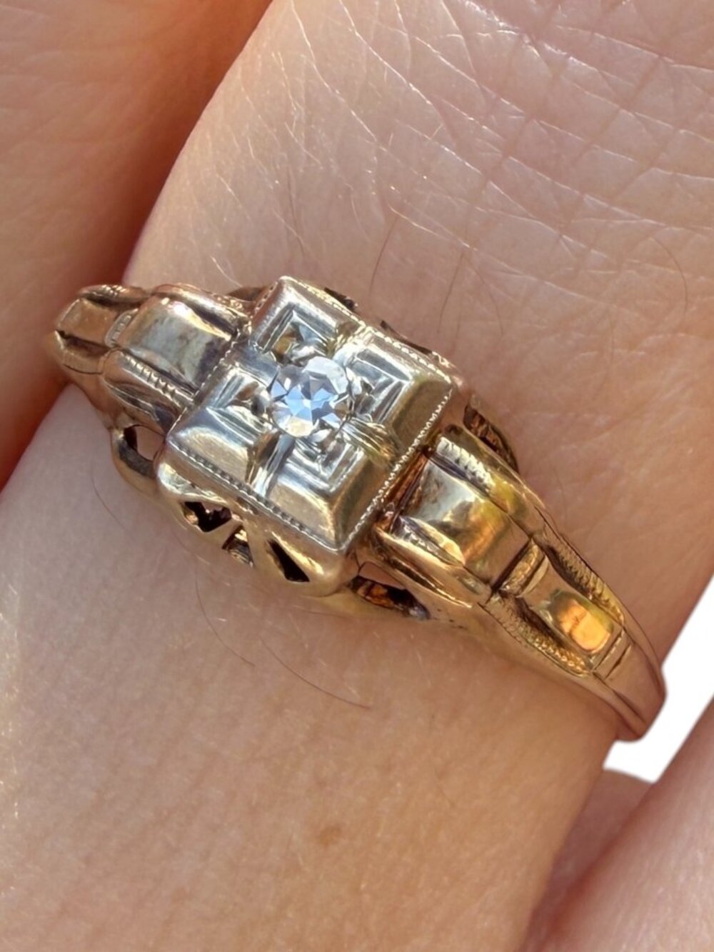 Vintage Art Deco 10K Gold Diamond Engagement Ring Two Tone Size 7.25